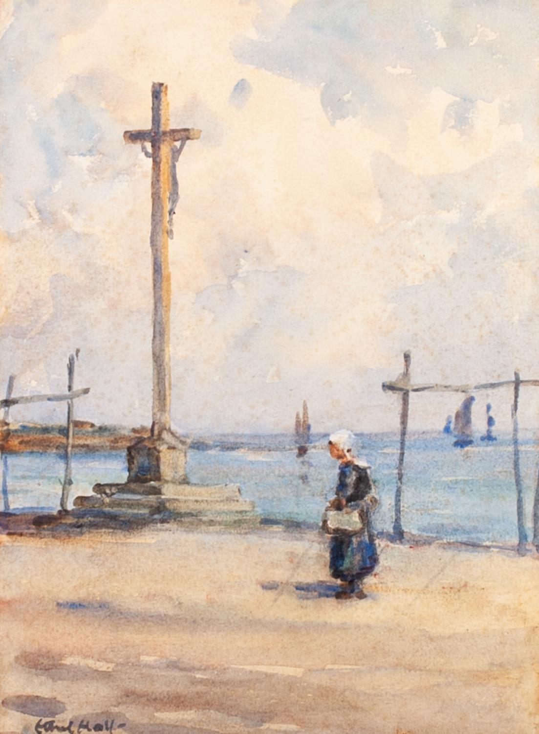 ETHEL HART (TWENTIETH CENTURY) WATERCOLOUR DRAWING Dutch coastal scene with female figure standing