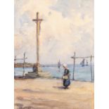 ETHEL HART (TWENTIETH CENTURY) WATERCOLOUR DRAWING Dutch coastal scene with female figure standing