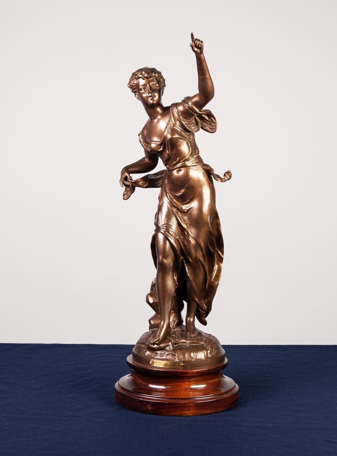 FRENCH LATE 19th CENTURY SPELTER ALLEGORICAL FEMALE FIGURE standing and pointing skywards entitled