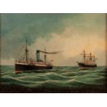 19th CENTURY ENGLISH SCHOOL OIL PAINTING ON CANVAS Seascape with one steamship towing another 9" x