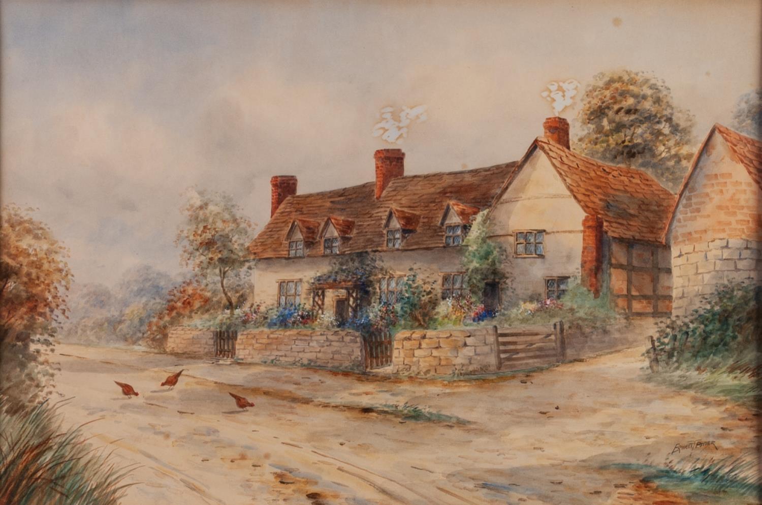 ERNEST POTTER (Early twentieth century) WATERCOLOUR A country lane with cottages Signed lower