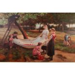 AUGUSTINO (Modern pastiche) OIL PAIN TING ON CANVAS A Victorian style orchard scene with a family