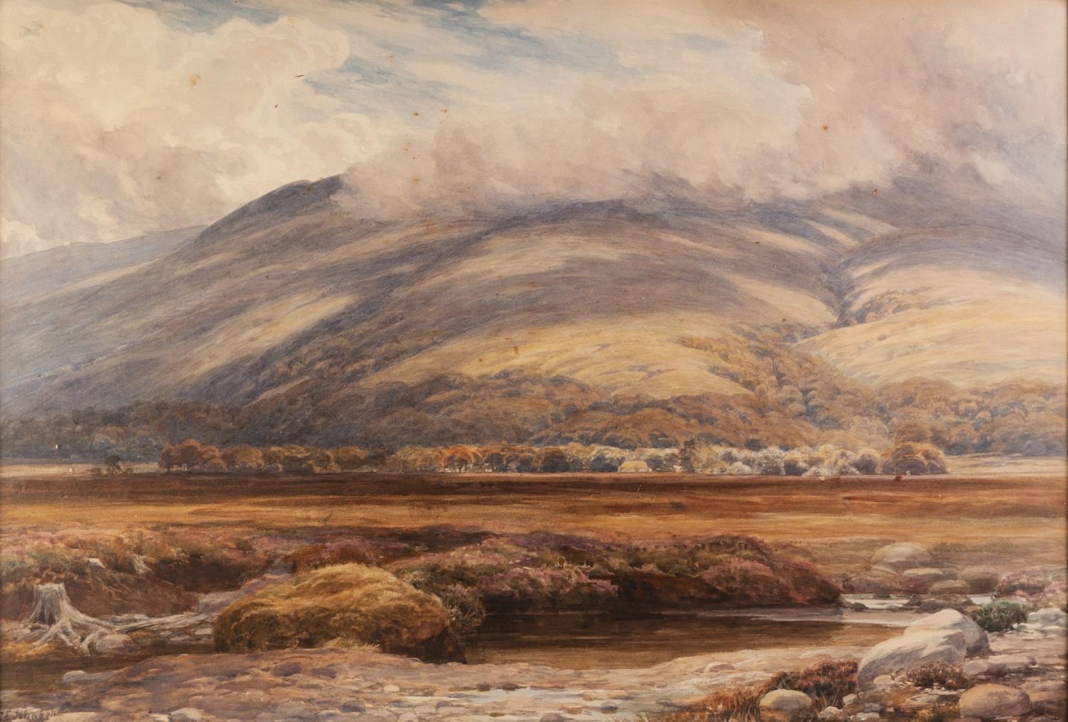 CHARLES EDWARD JOHNSON (1832 - 1913) WATERCOLOUR DRAWING Mountainous landscape with river valley