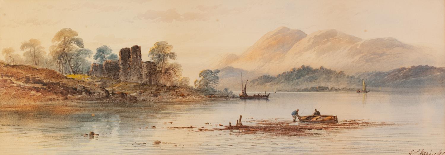 E.L BARING? (VICTORIAN SCHOOL) WATERCOLOUR DRAWING Highland lake scene with boats and castle ruin - Image 3 of 3