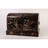 MODERN CHINESE BLACK LACQUERED AND POLYCHROME PAINTED DOME TOP SMALL TRUNK, of typical form with