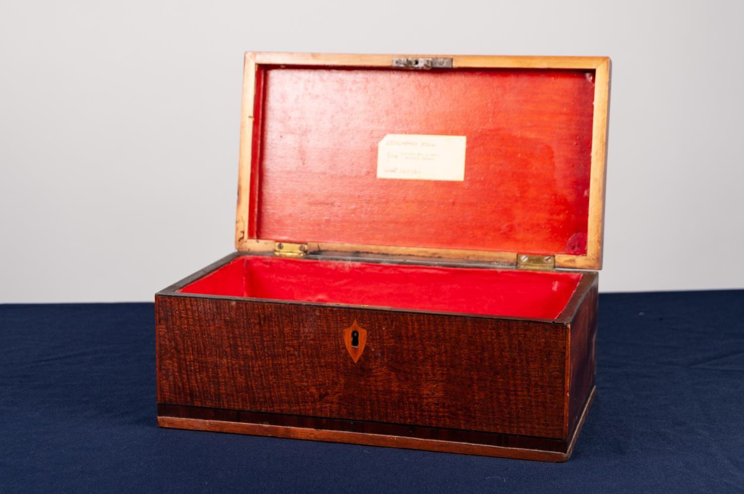 GEORGE III MAHOGANY WORK BOX, the hinged lid having lozenge shaped marquetry shell inlay, ebony