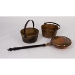 ANTIQUE COPPER AND BRASS BED PAN WITH TURNED WOOD HANDLE, together wit TWO BRASS JAM PANS with