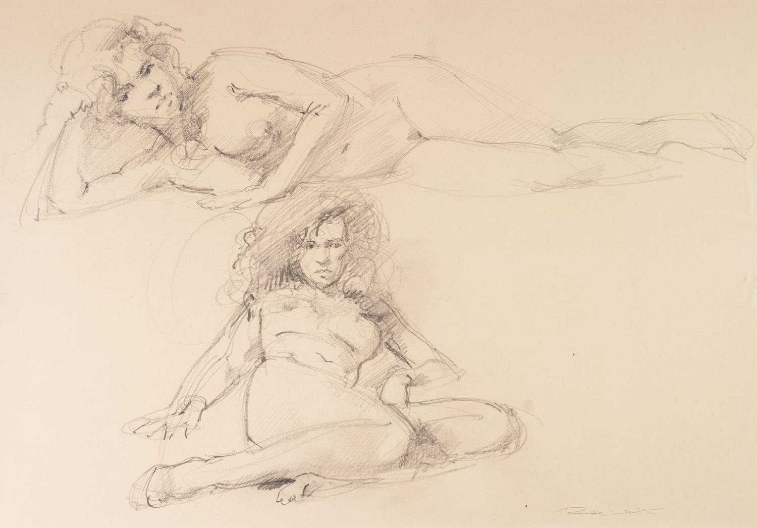 ROBBIE WRAITH (b.1952) PENCIL SKETCH ON GREY PAPER Studies of two reclining female nudes Signed