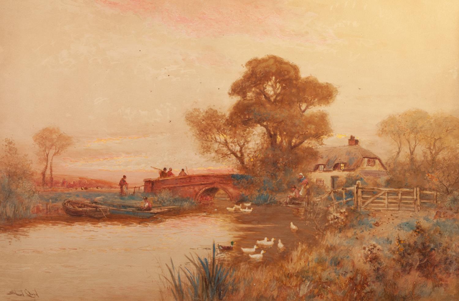 WALTER STUART LLOYD (1845 - 1929) Watercolour A river landscape at sunset with figures crossing a