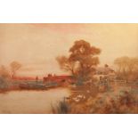 WALTER STUART LLOYD (1845 - 1929) Watercolour A river landscape at sunset with figures crossing a