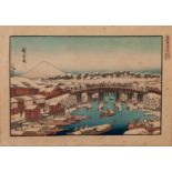 I, II OR III HIROSHIGE (NINETEENTH CENTURY) WOODCUT IN COLOURS River scene with figures crossing a