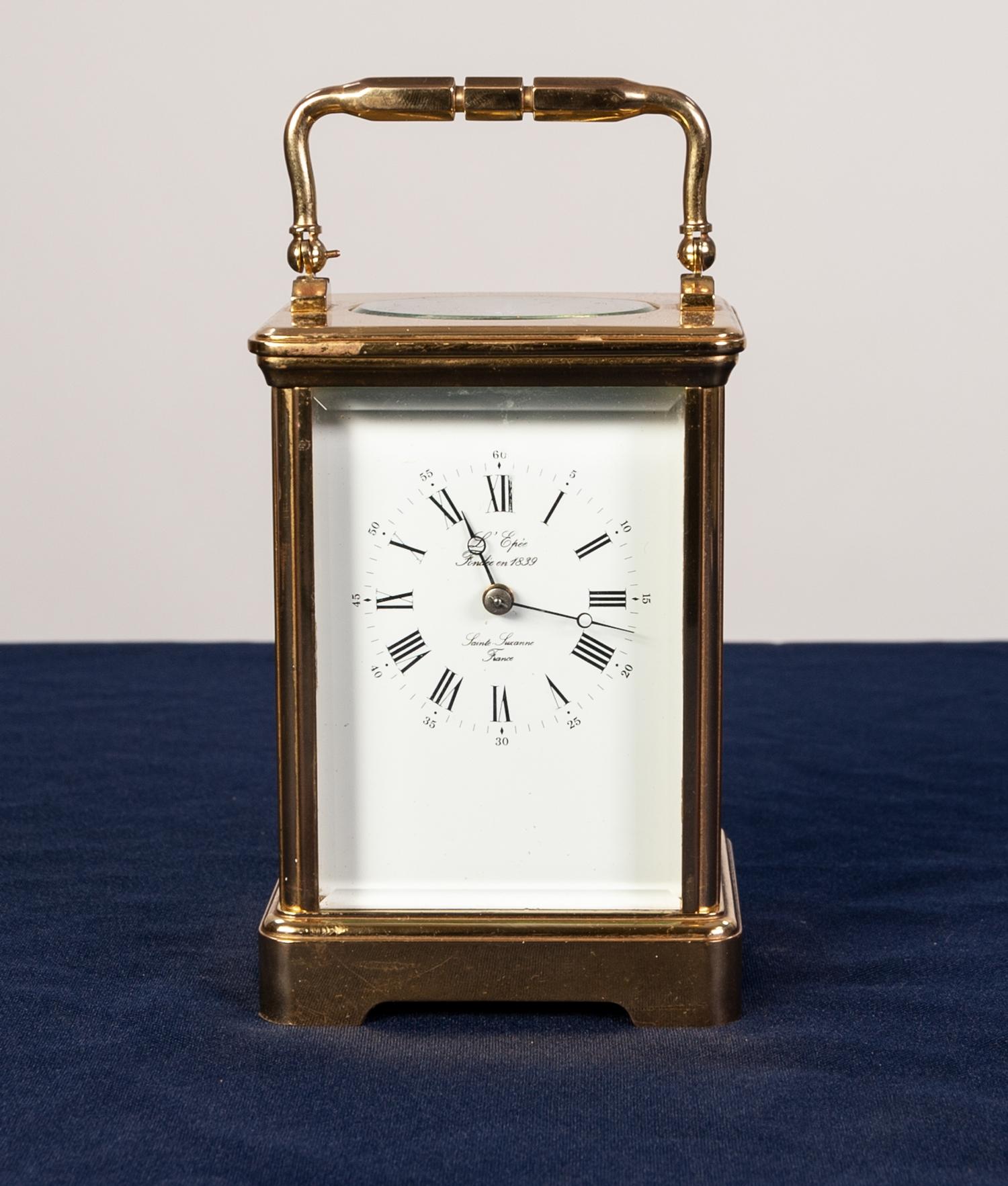 A POST WAR FRENCH CASED CARRIAGE CLOCK the white enamel dial inscribed "L'Epec - Sainte Susanne, - Image 2 of 4