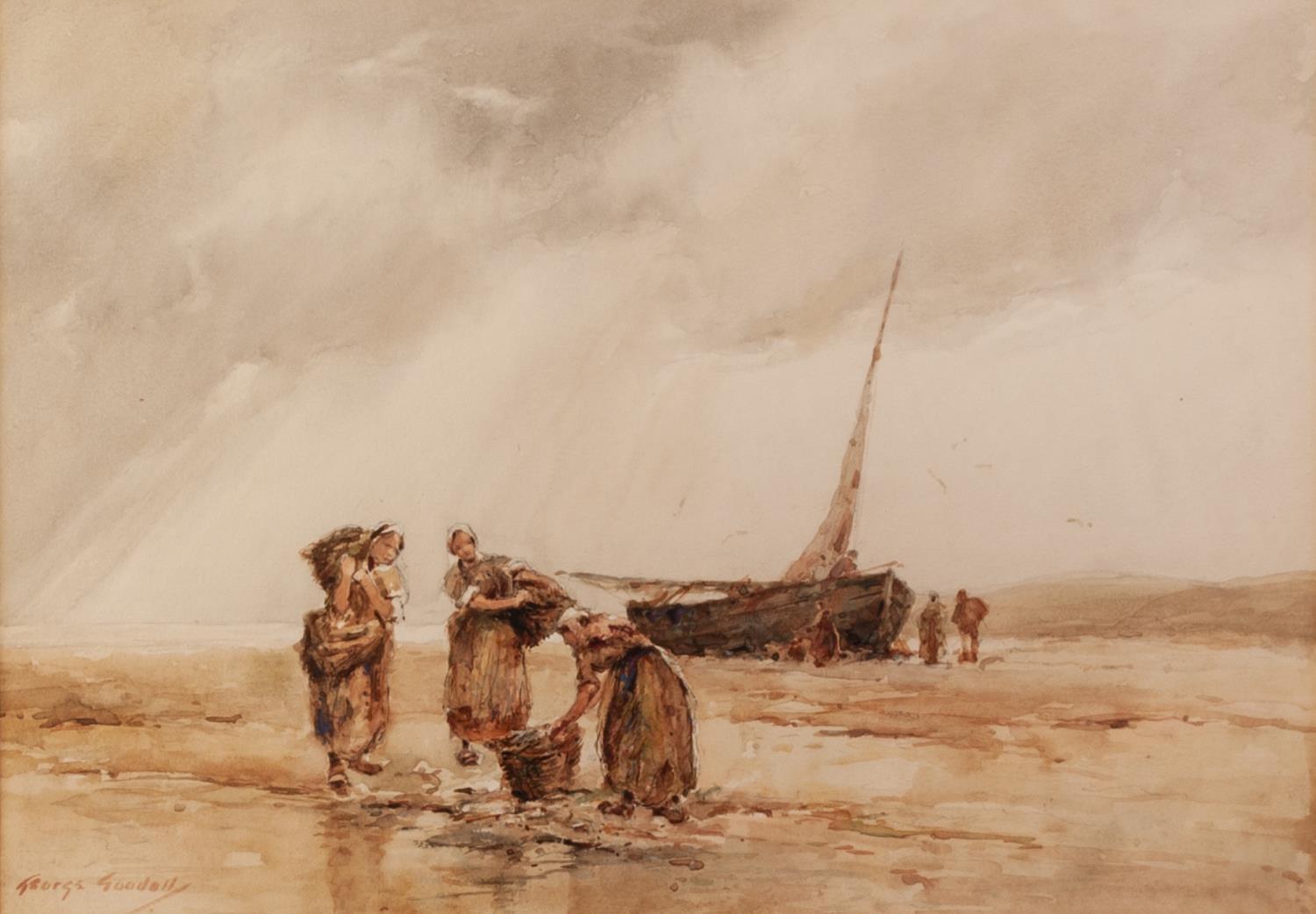 GEORGE GOODALL (NINETEENTH/ TWENTIETH CENTURY) WATERCOLOUR DRAWING Unloading the catch Signed