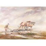 HARRY CAUNCE (TWENTIETH/ TWENTY FIRST CENTURY) WATERCOLOUR DRAWING Ploughing scene with hand