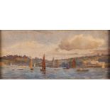 JOHN E DOWNING (1859 - 1932) WATERCOLOUR DRAWING 'Flushing from Falmouth', estuary scene busy with