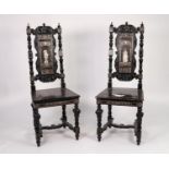 PAIR OF NINETEENTH CENTURY ITALIAN EBONISED HARDWOOD AND BONE INLAID HIGH BACKED CHAIRS, each with