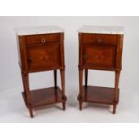 PAIR OF LOUIS XVI STYLE INLAID MAHOGANY AND GILT METAL MOUNTED MARBLE TOP BEDSIDE CABINETS, each