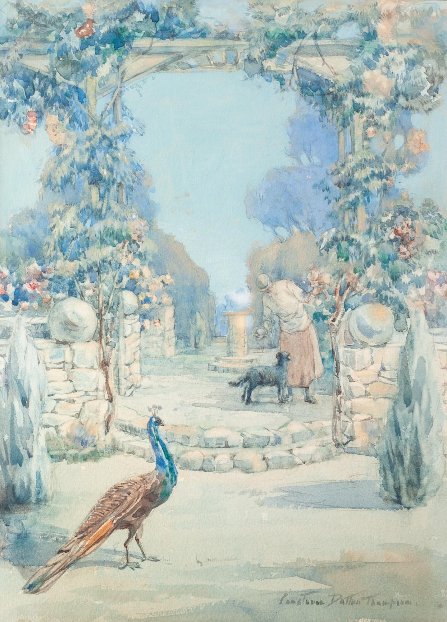 CONSTANCE DUTTON THOMPSON (1882 - 1952) Watercolour Plais Coch, garden scene with a lady and pet