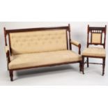 LATE VICTORIAN CARVED WALNUT THREE PIECE DRAWING ROOM SUITE, comprising: SETTEE and PAIR OF SINGLE