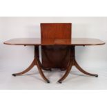 MODERN REGENCY STYLE MAHOGANY TWIN PILLAR DINING TABLE WITH EXTRA LEAF AND A SET OF SIX SINGLE