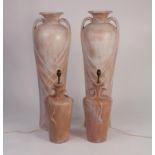 PAIR OF MODERN TERRACOTTA EFFECT POTTERY LARGE TWO HANDLED URN PATTERN FLOOR VASES, of slightly