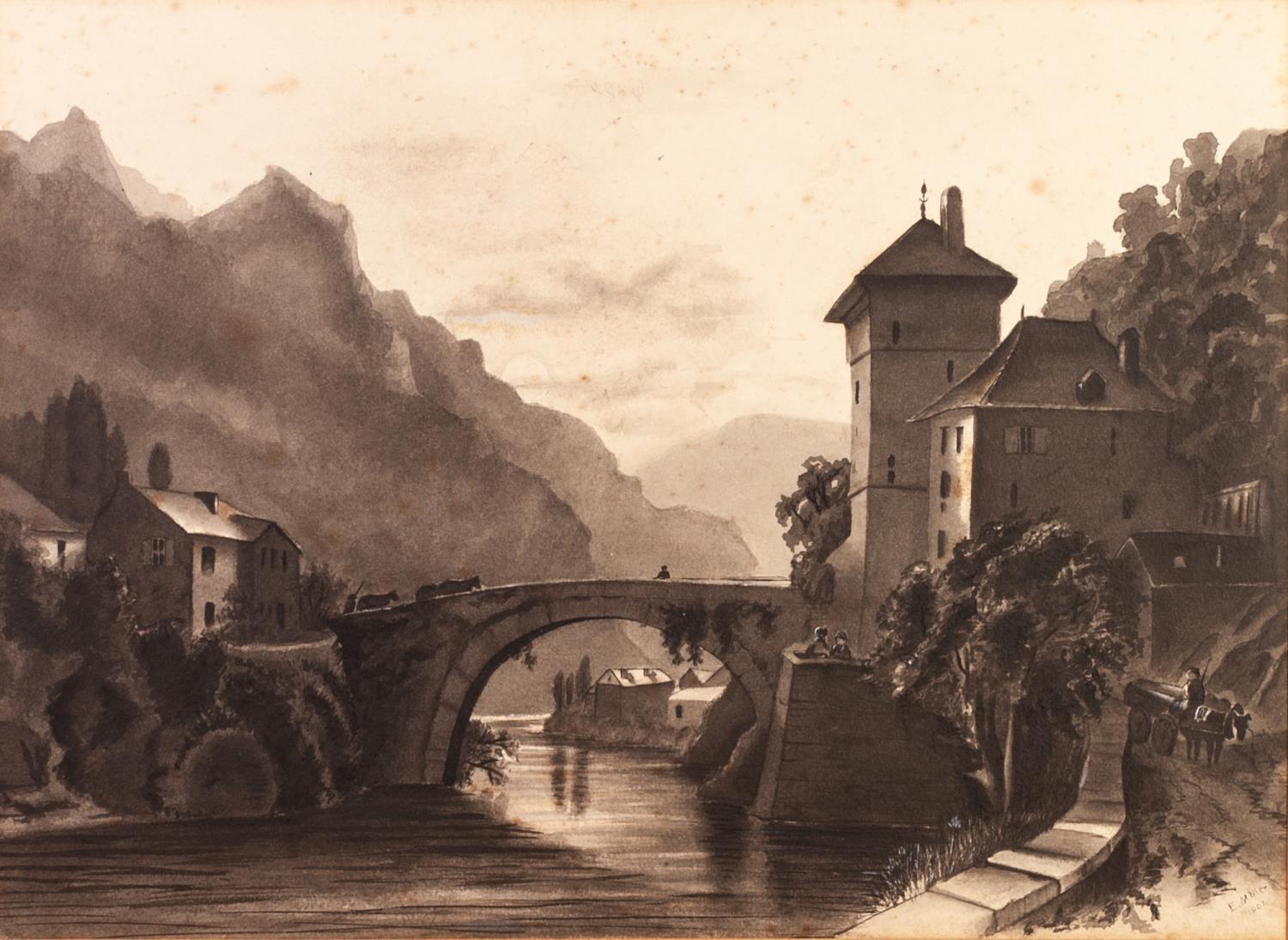 E.MILLER (NINETEENTH CENTURY) MONOCHROME WATERCOLOUR Riverside town with stone bridge Signed and