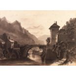 E.MILLER (NINETEENTH CENTURY) MONOCHROME WATERCOLOUR Riverside town with stone bridge Signed and