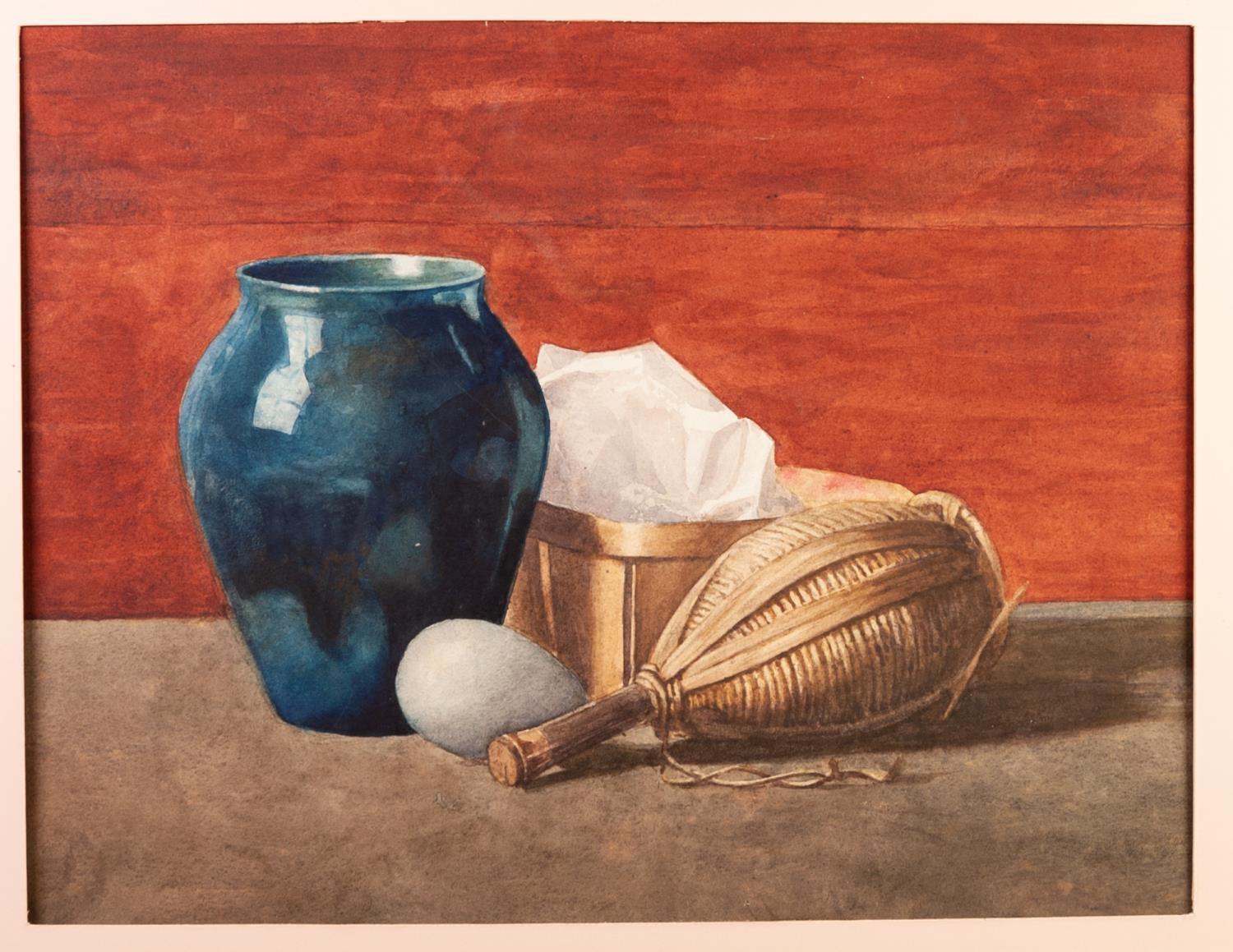 J. SALOMONS (EARLY TWENTIETH CENTURY) WATERCOLOUR DRAWING Still Life- vase, egg, wicker covered wine