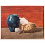 J. SALOMONS (EARLY TWENTIETH CENTURY) WATERCOLOUR DRAWING Still Life- vase, egg, wicker covered wine