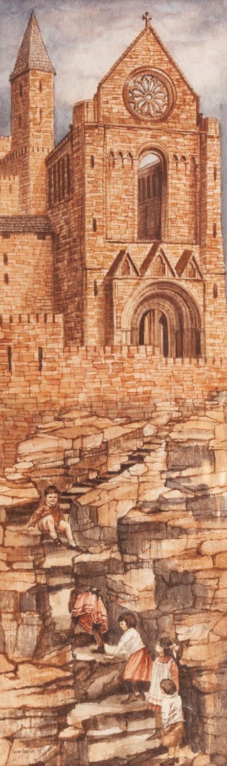 ANNE DAVIES (TWENTIETH CENTURY) WATERCOLOUR DRAWING ?Climb to the Ruined Abbey? Signed and dated (