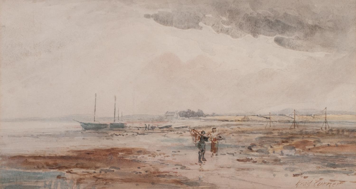 READ TURNER (NINETEENTH CENTURY) WATERCOLOUR DRAWING Beach scene with pulled up fishing boats and
