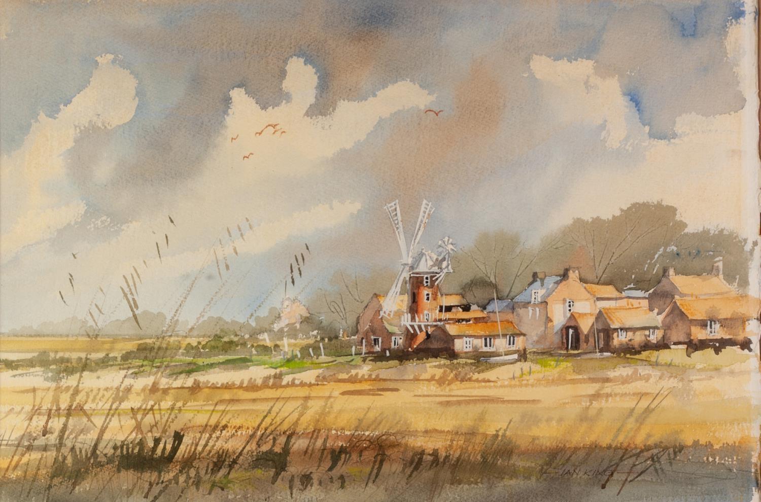 IAN KING (TWENTIETH/ TWENTY FIRST CENTURY) WATERCOLOUR DRAWING Landscape with windmill and farm