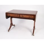 ANTIQUE FIGURED MAHOGANY SOFA TABLE, of typical form with crossbanded, rounded oblong top, the whole