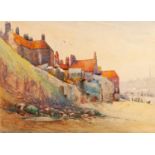 UNATTRIBUTED (EARLY TWENTIETH CENTURY) WATERCOLOUR DRAWING Beach scene with figures and buildings