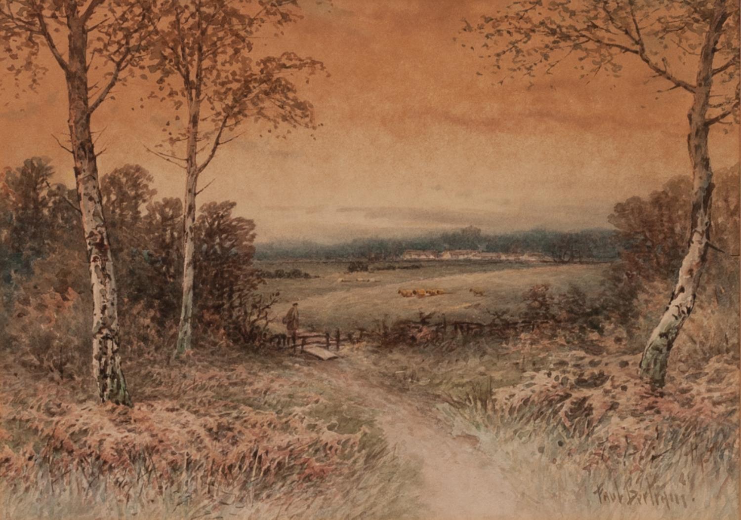 PAUL BERTRAM (1833-1901) WATERCOLOUR DRAWING Figure on a country path beside a stile, with town in