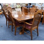 A SET OF SIX (4 + 2) OAK DINING CHAIRS, WITH CANE PANEL BACKS, LOOSE UPHOLSTERED SEATS, ON TURNED