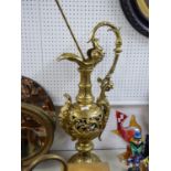 VERY LARGE CAST AND PIERCED BRASS CLASSICAL EWER SHAPED TABLE LAMP, WITH ORNATE 'C' SCROLL HANDLE