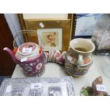 A MADE IN CHINA KETTLE, with six small bowls in rose enamel , ALSO A POSSIBLY GERMAN TWO HANDLED