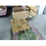 A GILT METAL THREE TIER COCKTAIL TROLLEY AND A PAIR OF OAK BEDROOM SINGLE CHAIRS, A LIGHT OAK DINING