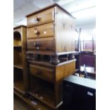 A PAIR OF PINE BEDSIDE CHESTS OF THREE DRAWERS, WITH KNOB HANDLES AND A SMALL POLISHED WOOD OPEN