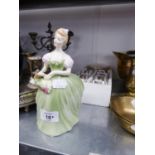 ROYAL DOULTON CHINA CRINOLINE FIGURE 'CLARISSA' AND A SET OF SIX (AS NEW) GREEK GILT DECORATED