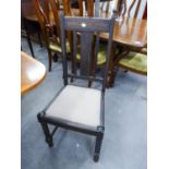 A SET OF FOUR DINING CHAIRS, WITH RAIL AND SPLAT BACKS, DROP IN SEATS, ON BOBBIN TURNED FRONT