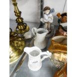 COALPORT CHINA FIGURE, 'THE BOY', DESIGNED BY ELIZABETH WOODHOUSE AND TWO WHITE PARIAN SMALL JUGS (