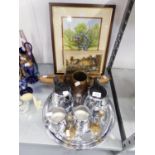 WILLOW WARE CHROME PLATED TEA SERVICE OF 4 PIECES, ON TRAY, PAIR OF HEAVY BRASS SLIM CANDLESTICKS,