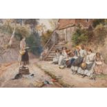 AFTER MYLES BIRKET FOSTER CHROMOLITHOGRAPHIC PRINT Teacher and village children 16 1/2" x 25 3/4" (