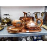W.S. & S. LATE NINETEENTH CENTURY EMBOSSED COPPER CONICAL JUG, OLD COPPER ROUNDED OBONG TRAY, COPPER