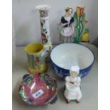 A VICTORIAN STAFFORDSHIRE POTTERY FLAT BACK FIGURE, A DOULTON POTTERY WILLOW PATTERN BOWL, A