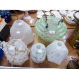 GREEN FROSTED CEILING GLASS LIGHT SHADE AND FOUR OTHER GLASS SHADES VARIOUS (5)