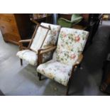 A PAIR OF G-PLAN OPEN ARMCHAIRS, WITH FLORAL COVERING AND A MATCHING FOOTSTOOL (3)