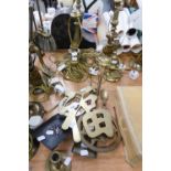 BRASS FIRE ACCESSORIES, TO INCLUDE; FOUR BRASS TABLE LAMPS